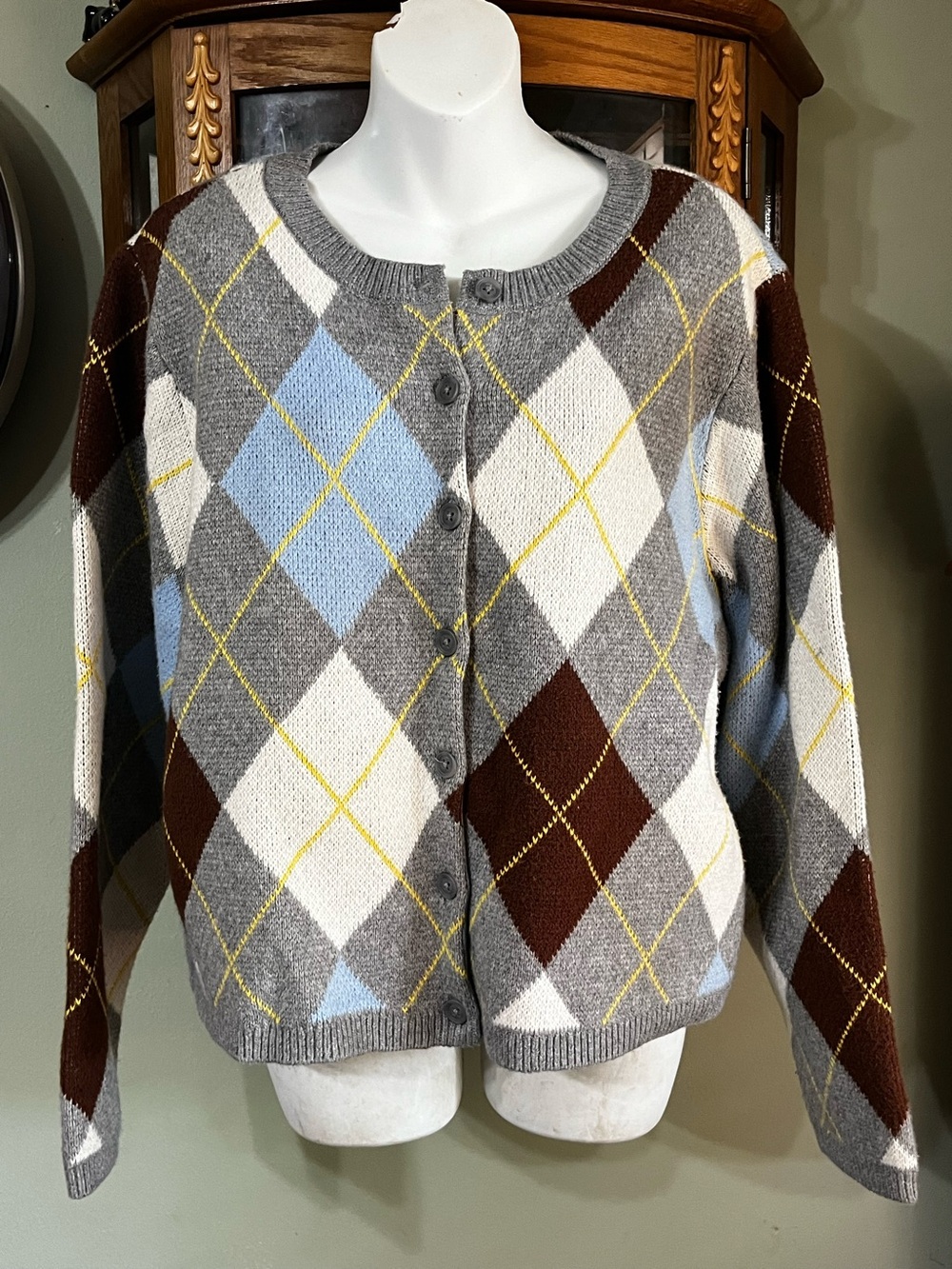 NWT Marled Argyle Brown Gray Cardigan Sweater